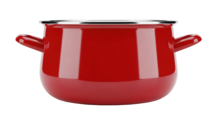 Red enameled cooking pot isolated PNG, kitchenware with handles for cooking and serving food on transparent background