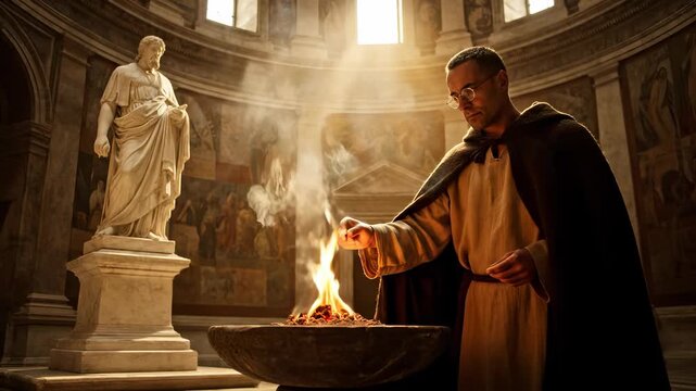 Monk lights ritual at altar. Priest holds ember over brazier in church. Sunlight streams through dome onto statue and robe. Fire and smoke rise creating sacred air. Cloak drapes as he tends incense.