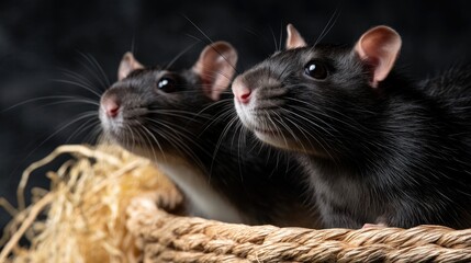 Two black rats sit on top of each other in a basket filled with straw, highlighting their curious expressions and playful interaction