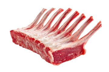 Raw rack of lamb meat with bones isolated on transparent background. Fresh rack of lamb ready for gourmet cooking isolated on white background.