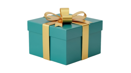 Teal gift box with gold ribbon isolated PNG, present for birthday or Christmas on transparent background, festive surprise for special occasion