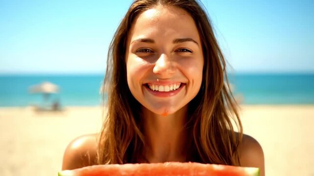 Happy Woman Enjoying Fresh Watermelon Slice on Sunny Beach Vacation