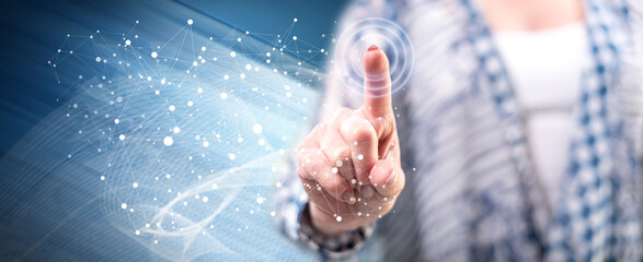 Woman touching a virtual network