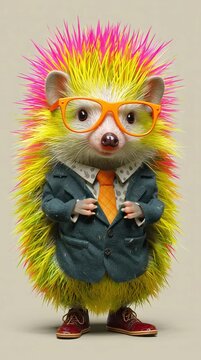 Funny hedgehog wearing business suit and glasses standing with colorful yellow spikes