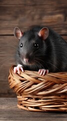 Close-up view of a black rat sitting on a woven cage with a blurred background and space for text display
