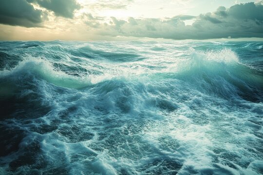 Dark clouds gather over turbulent ocean waves in a dramatic coastal setting at dusk