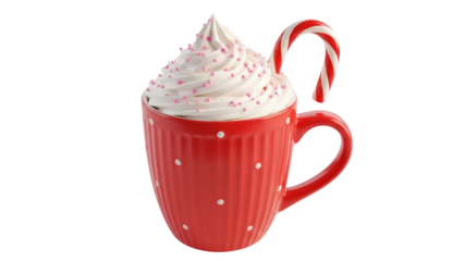 Festive red mug with whipped cream and candy cane isolated PNG, holiday treat for Christmas and winter celebrations