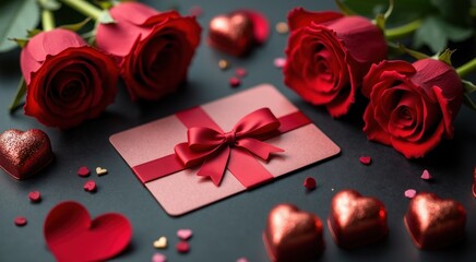 Roses and chocolates are arranged on a table with a red gift gift card concept