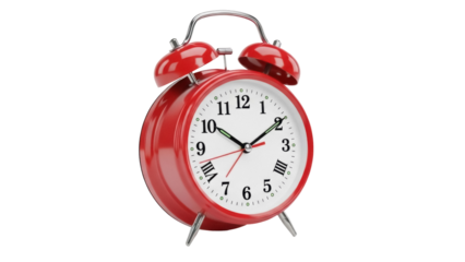 Red alarm clock PNG isolated on transparent background, classic twin bell clock for time management and reminders