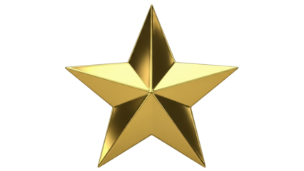 Golden five-pointed star PNG isolated on transparent background, shiny metallic star shape for graphic design and decoration use