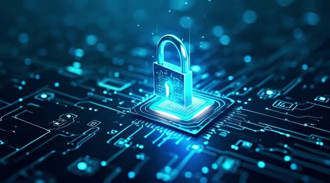 Digital Security Concept: Padlock on glowing circuit board symbolizing data protection network safety information privacy and cyber technology.