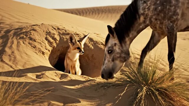 Horse and Fennec Fox in Desert - A Unique Wildlife Encounter.