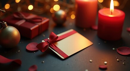 Candles and a notecard are on a table with christmas decorations gift card concept copy space