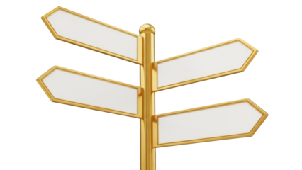 Golden signpost with four blank signs isolated PNG, direction indicator for travel and navigation on transparent background