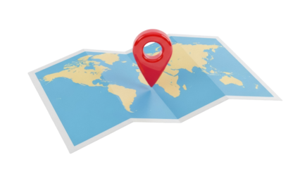 World map with red location pin isolated PNG, global positioning system marker on paper map for travel planning and navigation