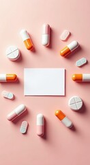 A group of pills and a blank card on a pink background copy space vertical background