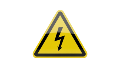 Yellow high voltage sign PNG isolated on transparent background, electricity hazard warning symbol for safety and caution