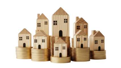 Wooden toy houses on stacks of coins isolated PNG, symbolizing real estate investment and property value growth on transparent background