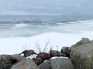 The shore of the White (Beloe) Lake near the city of Belozersk in the Vologda region in winter