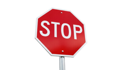 Obraz premium Red stop sign isolated on transparent background PNG, octagon traffic symbol for road safety and regulation, warning signage