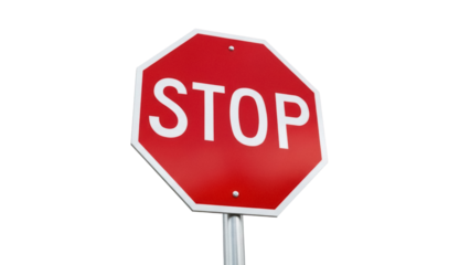 Red stop sign isolated on transparent background PNG, octagon traffic symbol for road safety and regulation, warning signage
