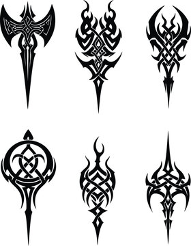Symmetrical tribal vector daggers and axes with celtic knotwork for fantasy gaming, gothic tattoo art and weapon design elements.