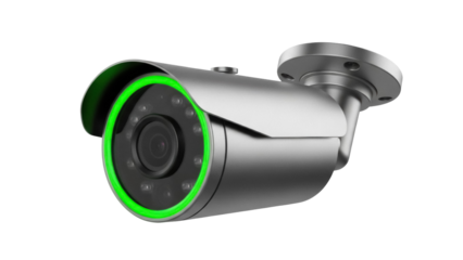 Modern silver CCTV security camera isolated PNG, surveillance system for home protection and crime prevention on transparent background