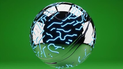 A striking 3D render of a futuristic metallic soccer ball intricately designed with glowing blue circuit patterns resembling a digital brain symbolizing artificial intelligence and advanced sports te. - Powered by Adobe