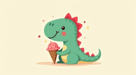 Fototapeta premium A cartoon dinosaur eating ice cream cone with stars on the background