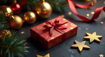 Red present box with a red ribbon and gold stars congrarulation holiday background copy space christmas background