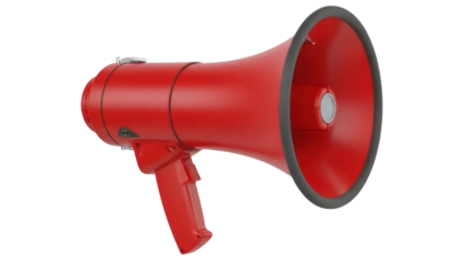 Red megaphone PNG isolated on transparent background, bullhorn loudspeaker for emergency communication and public address system