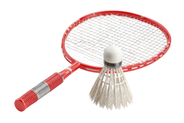 Red badminton racket and shuttlecock isolated on transparent background. Close up of badminton racket and shuttlecock isolated on white background.
