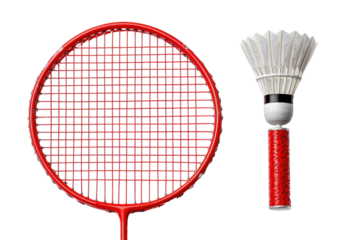 Red badminton racket and shuttlecock isolated on transparent background. Red badminton racket and white shuttlecock isolated on white background.