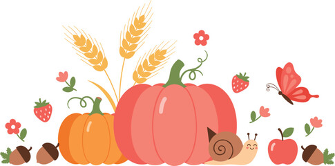 Autumn harvest, pumpkins, wheat, apples, strawberries, snail, butterfly, acorns, fall season, festive nature scene, flat vector illustration © Mehebub Creatives