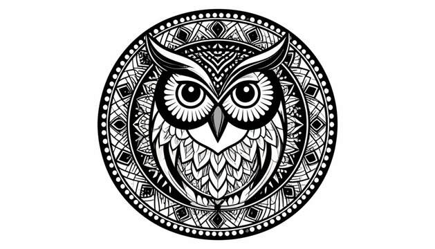 Detailed owl illustration in a circular frame, black and white design.