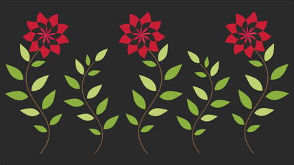 Decorative red flower vine pattern on black background, flat floral vector design.