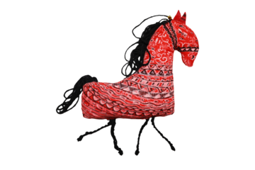 A red horse with a black mane stands out against a white background