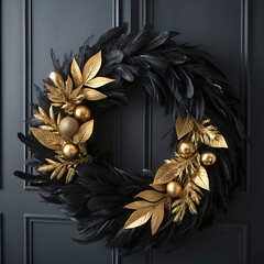 Elegant black christmas wreath with golden decoration on dark door