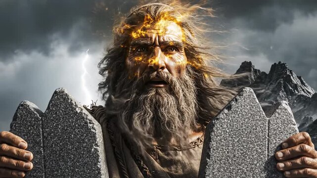 AI generated video of Moses holding stone tablets with the Ten Commandments during a thunderstorm on Mount Sinai. Moses receiving commandments from God. Cinematic biblical story.
