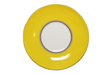 A bright yellow plate with a thin silver rim on a clean white background, perfect for food photography or decoration