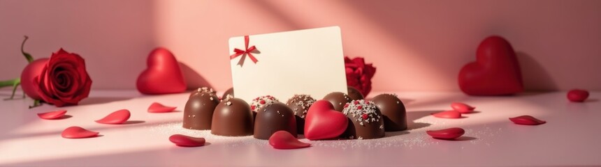 Chocolates and roses on a table with a card gift card concept food background copy space banner