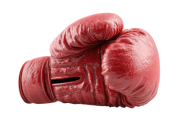 Vintage red boxing glove isolated on transparent background. Close up of a vintage red leather boxing glove isolated on white background.