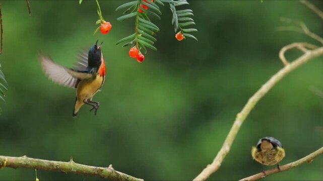 Two Small Tropical Birds Feeding on Red Berries in Forest Branches