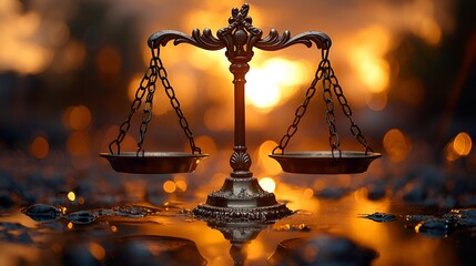 Justice scales reflecting in water at sunset.