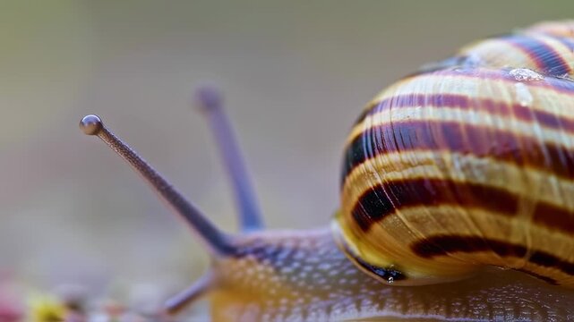 Close-up of a snail's shell and tentacles