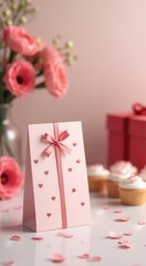 Pink gift box with a bow and a cupcake copy space vertical background