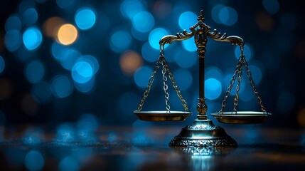 Justice scales on dark background with bokeh.