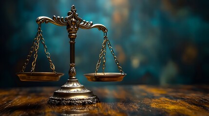 Antique scales of justice on wooden table.