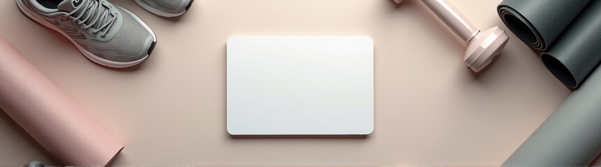White square on a table with a pair of shoes and a pair of yoga mats gift card concept copy space banner
