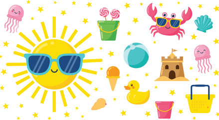 Summer beach fun illustration with sun, crab, jellyfish, sandcastle, ice cream, toys and sea elements, flat vector illustration © Mehebub Creatives